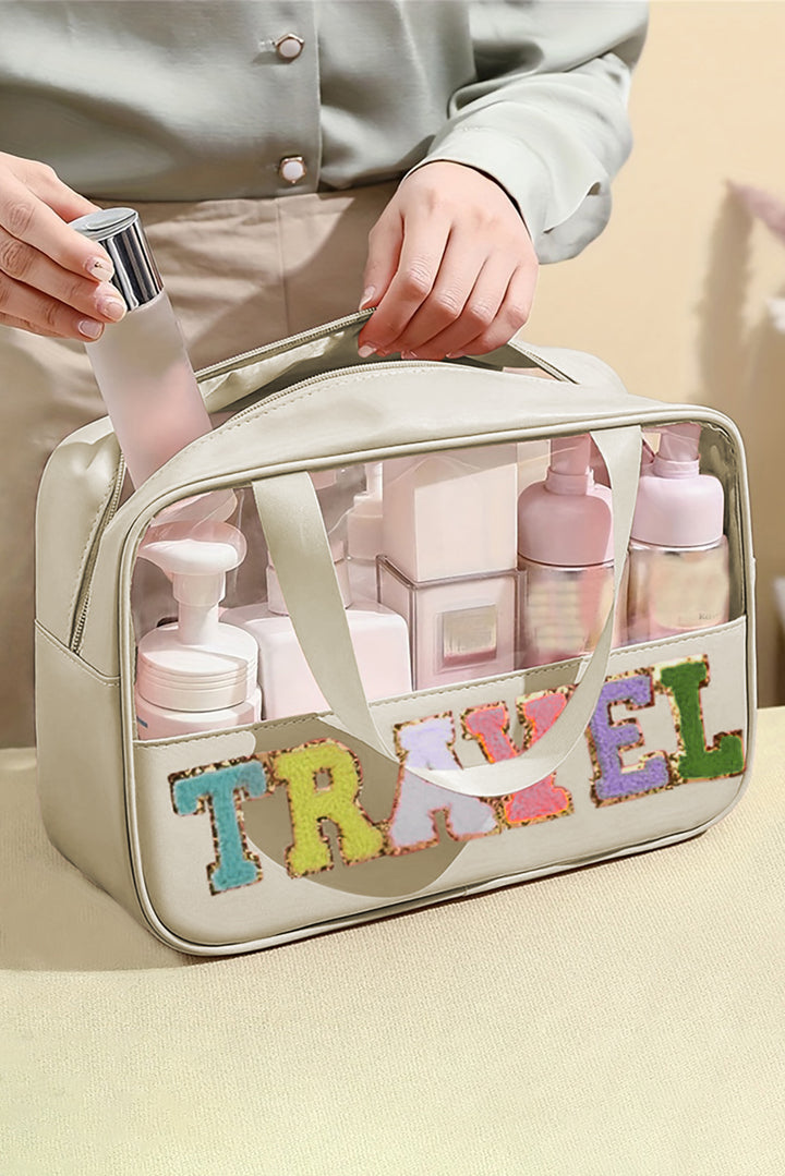 Trousse de maquillage TRAVEL en PVC transparent avec lettres en chenille