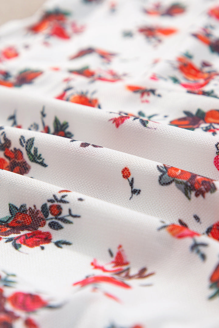 Floral V Cut Frilled Trim Spaghetti Straps Bodysuit