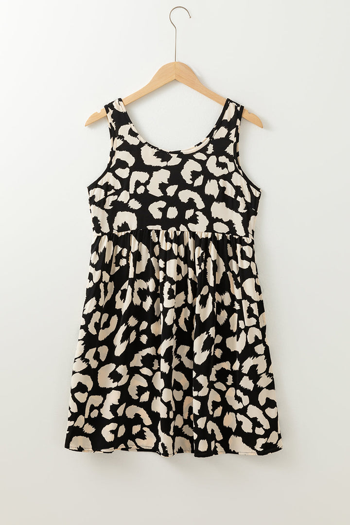 leopard print u neck sleeveless high waist dress