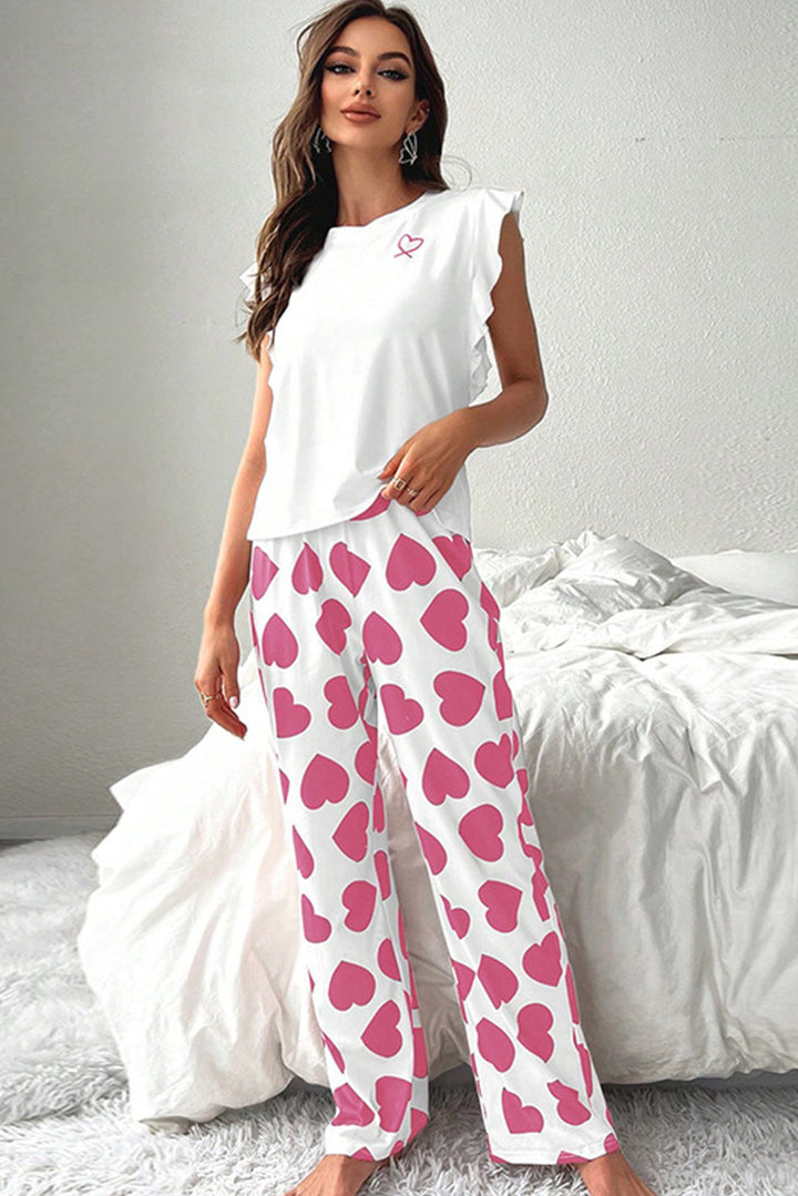 ruffled tank top and heart print pants lounge set