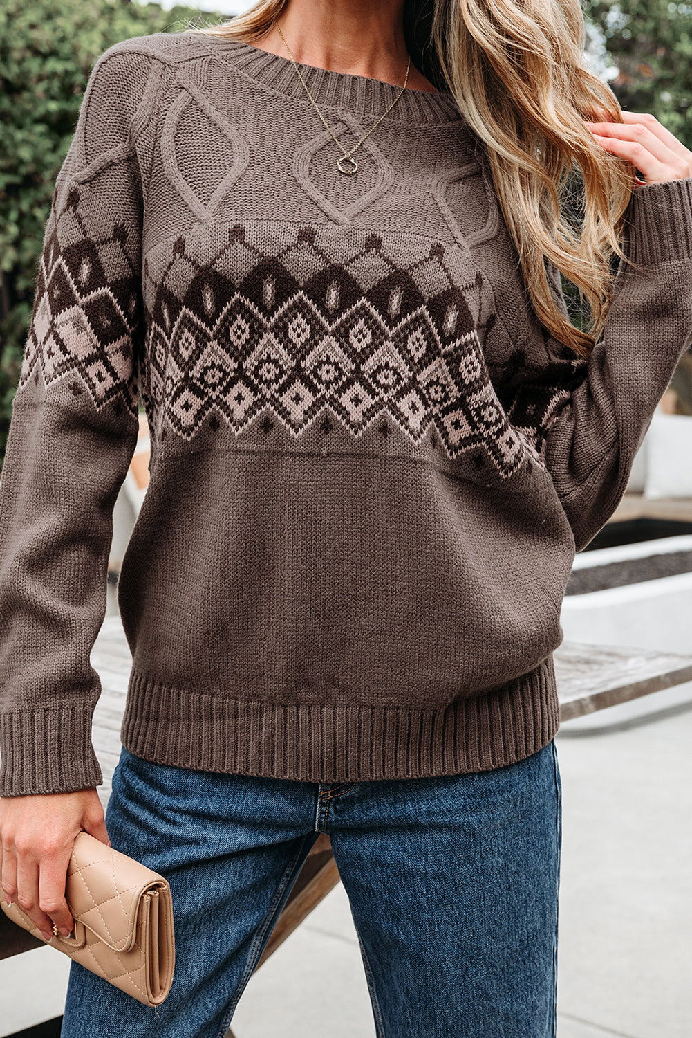 Western Geometric Patterned Crew Neck Knitted Sweater