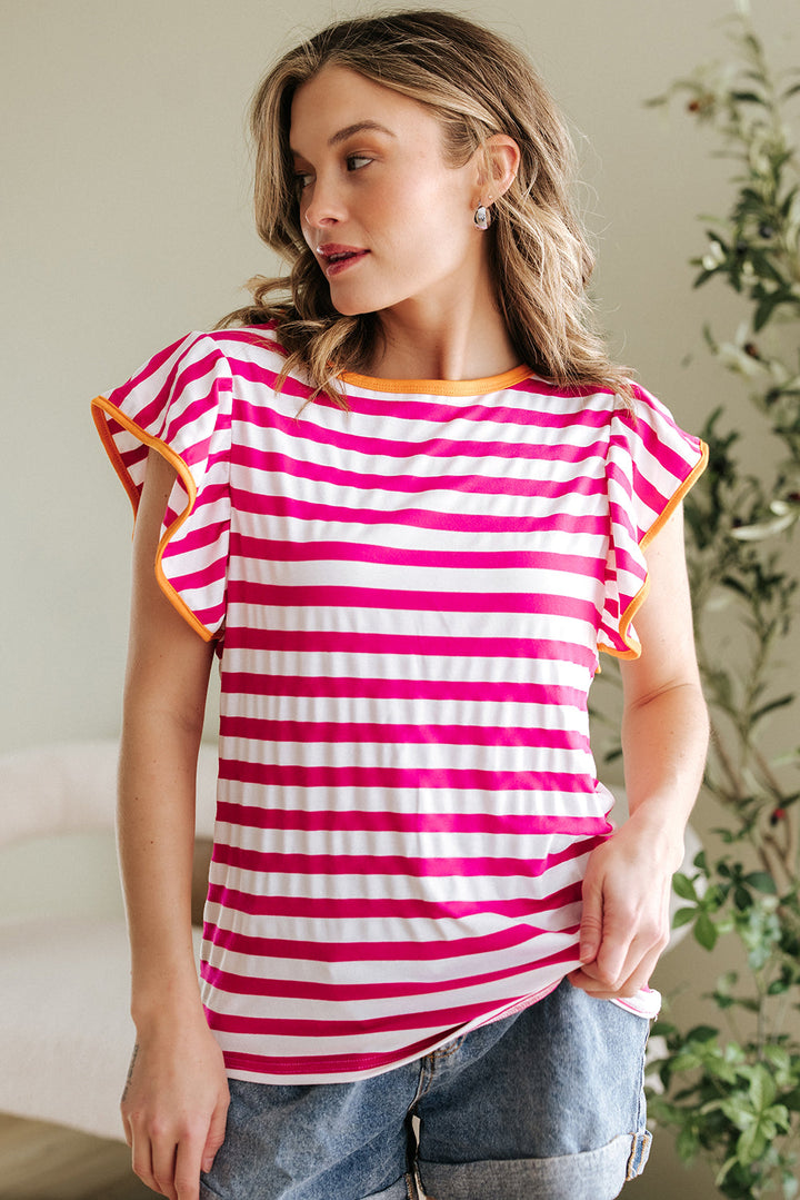 Striped Ruffle Sleeve Crew Neck Blouse