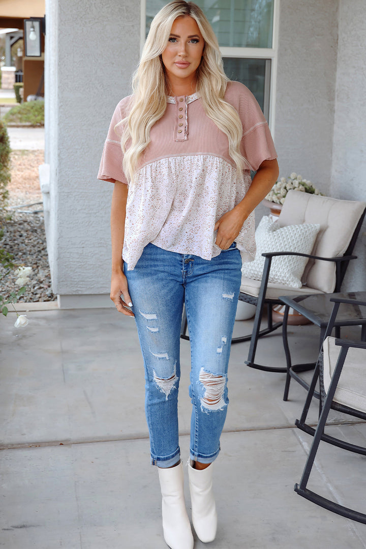 Waffle Floral Patchwork Exposed Seam Detail Short Sleeve Top