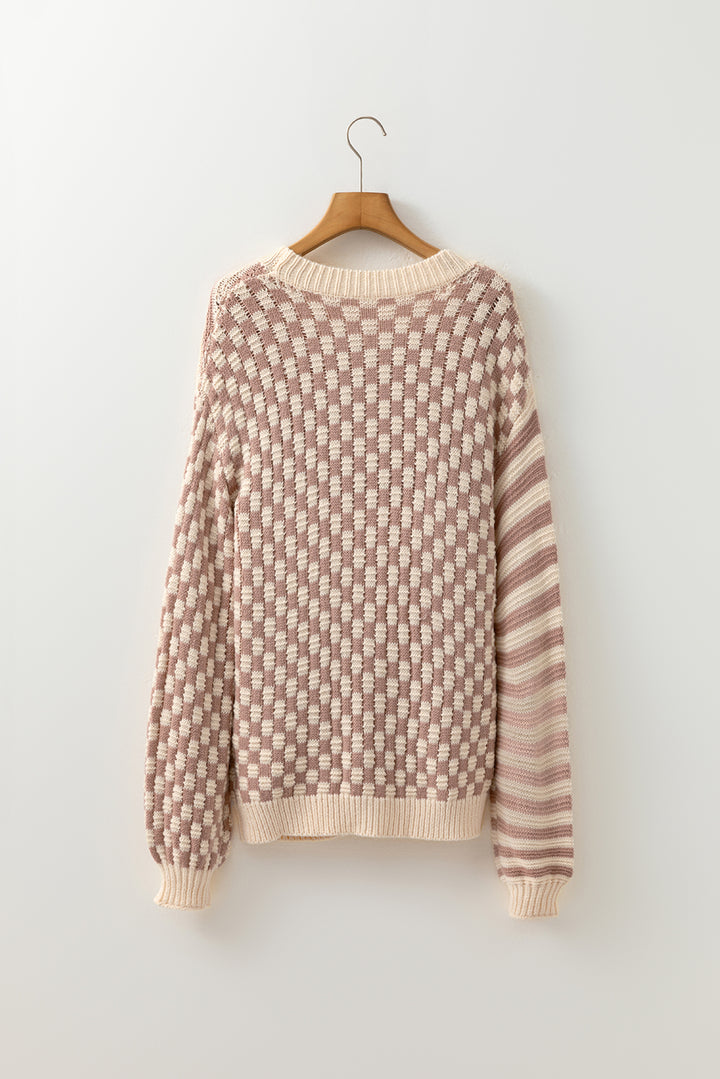 Checkerboard Drop Shoulder Balloon Sleeve Sweater