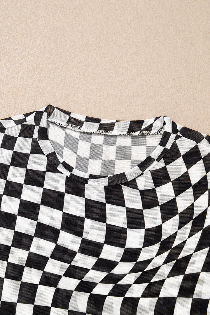 checker mesh crew neck t shirt