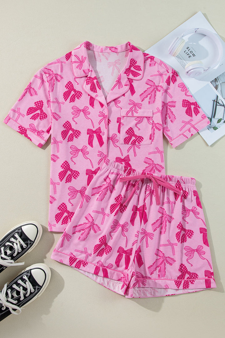 bow print half sleeve shirt and shorts pajamas set