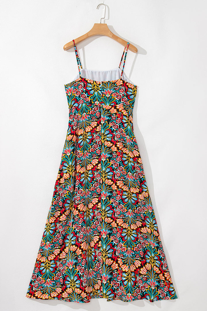 Boho Floral Print Thin Straps Sleeveless High Waist Maxi Dress