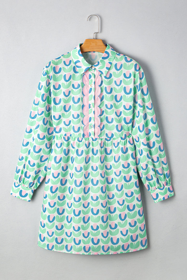 Minikleid mit Blumenmuster, gekerbtem Ausschnitt und Wellenkante