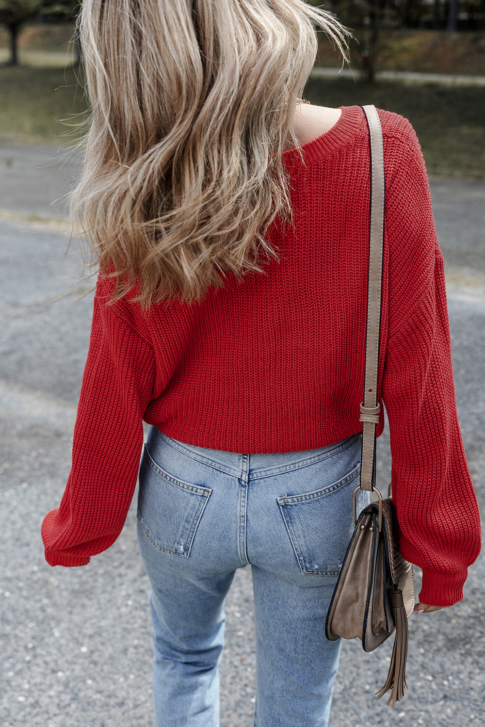Solid Textured Knit V Neck Drop Shoulder Sweater