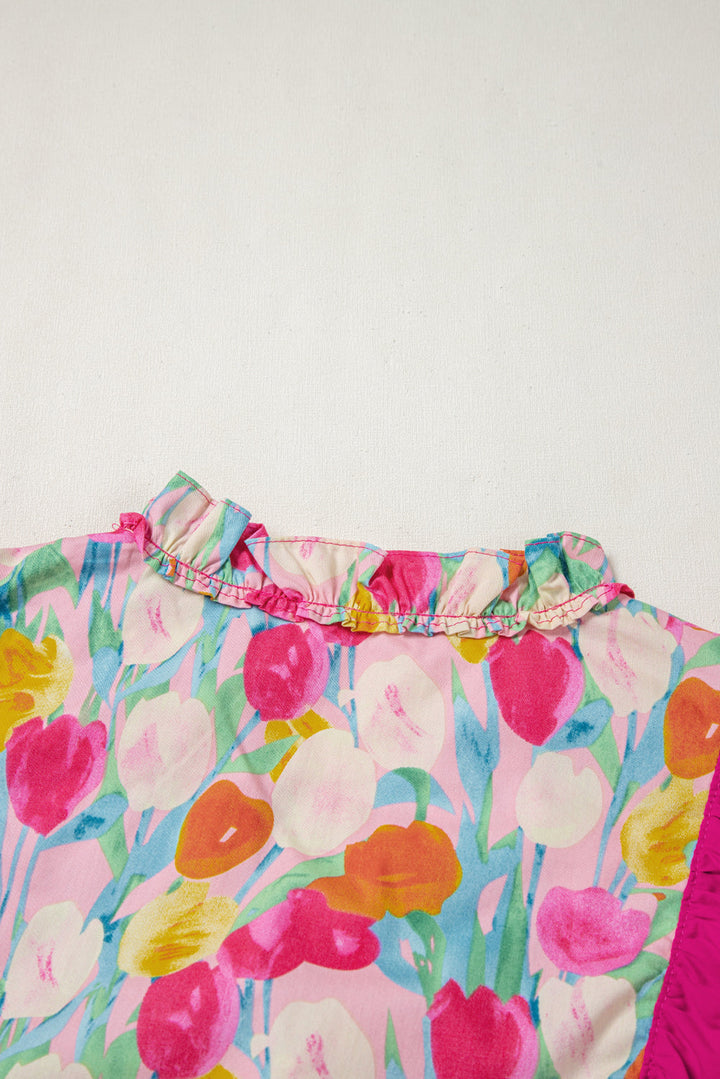 Floral Layered Ruffle Flutter Sleeve Tie V Neck Blouse