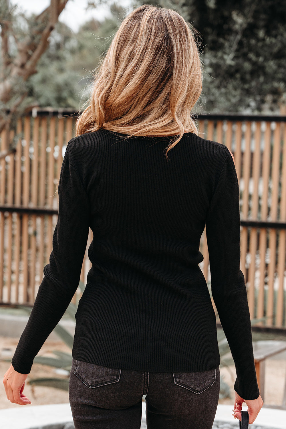 Ribbed Knit Cold Shoulder Sweater