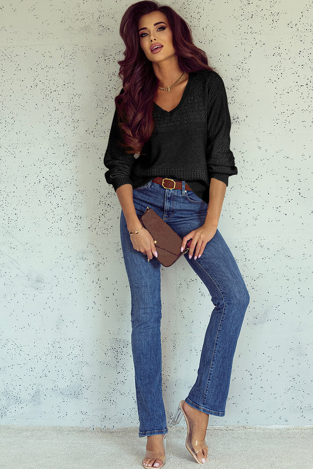 eyelet pattern detail v neck drop shoulder sweater 3