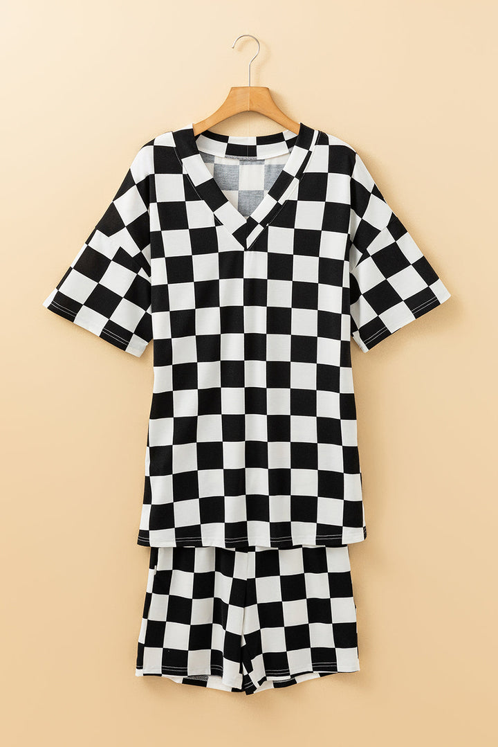 checkerboard print v neck loose tee and shorts lounge set