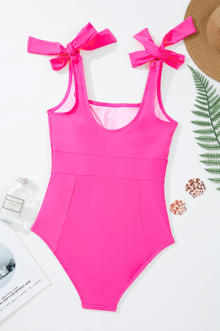 square neck knotted shoulder open back one piece swimsuit