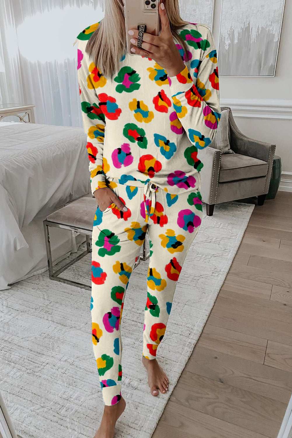 leopard print long sleeve top and skinny pants lounge set