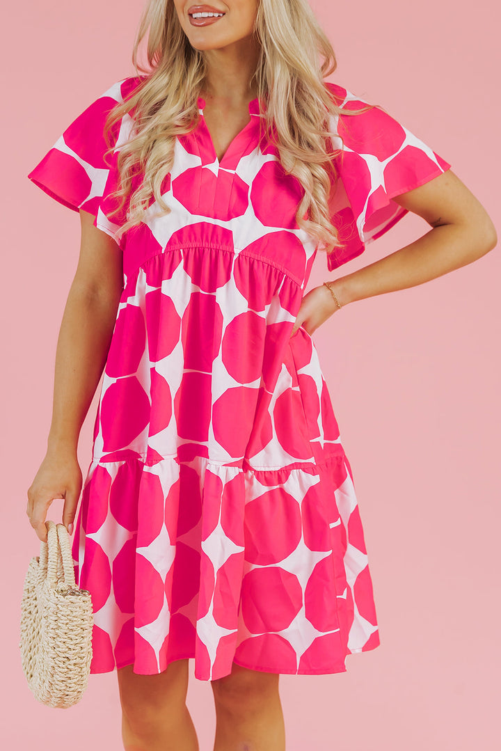 Polka Dot Flutter Sleeve Notched Neck Tiered Flowy Dress