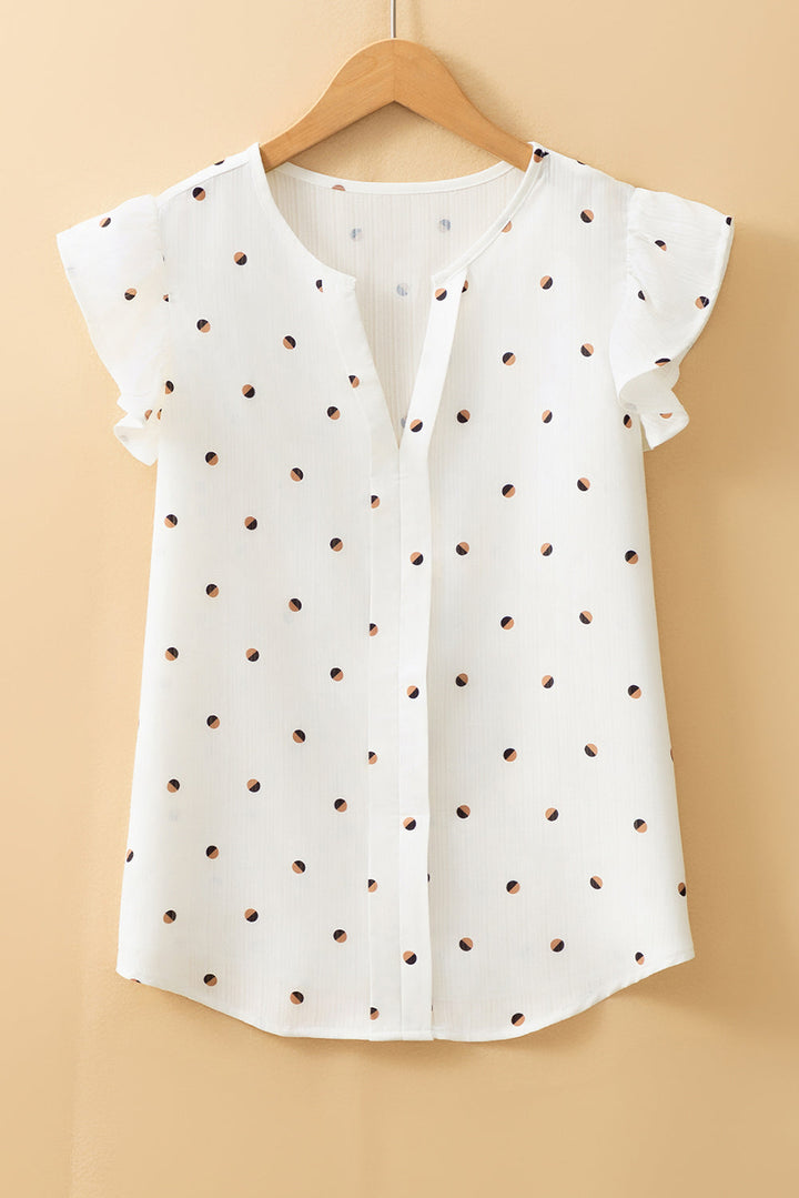 polka dot print ruffled shoulder v neck tank top