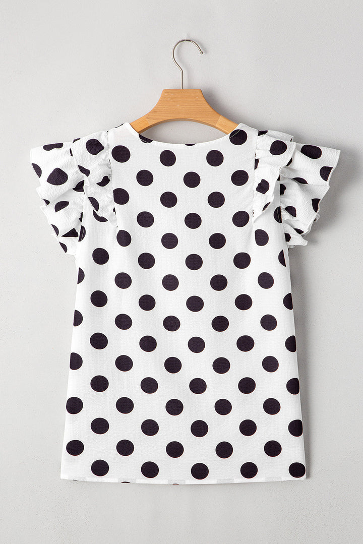 Polka Dot Print Ruffled Sleeve V Neck Blouse