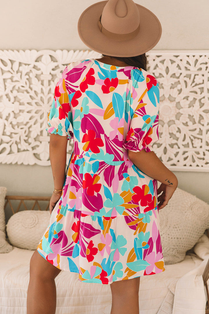 Floral Bubble Sleeve V Neck Tiered Ruffle Babydoll Dress
