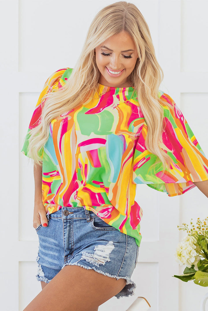 Abstract Print Keyhole Back Pleated Half Sleeve Blouse