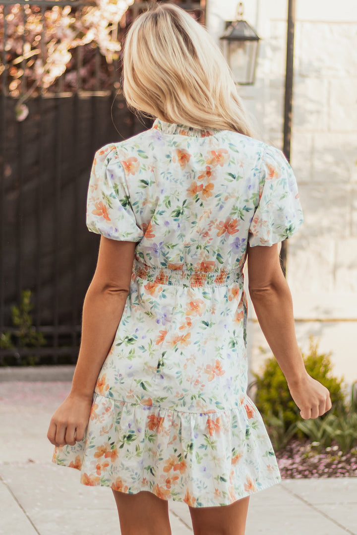 floral print shirred high waist puff sleeve mini dress