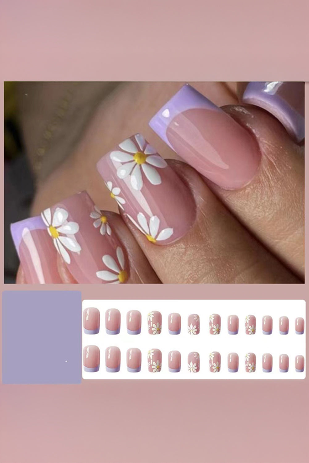 24 Stück quadratische Nagelaufkleber mit Blumen-French-Tip