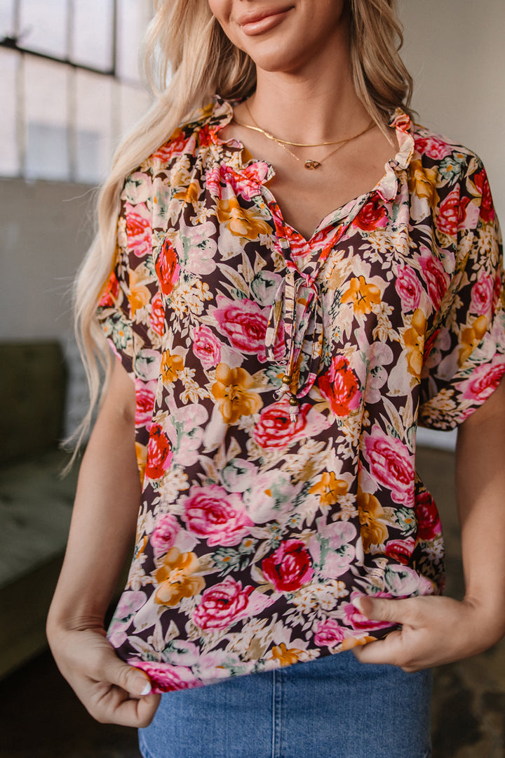 Floral Print Crew Neck Short Sleeve Shift Blouse