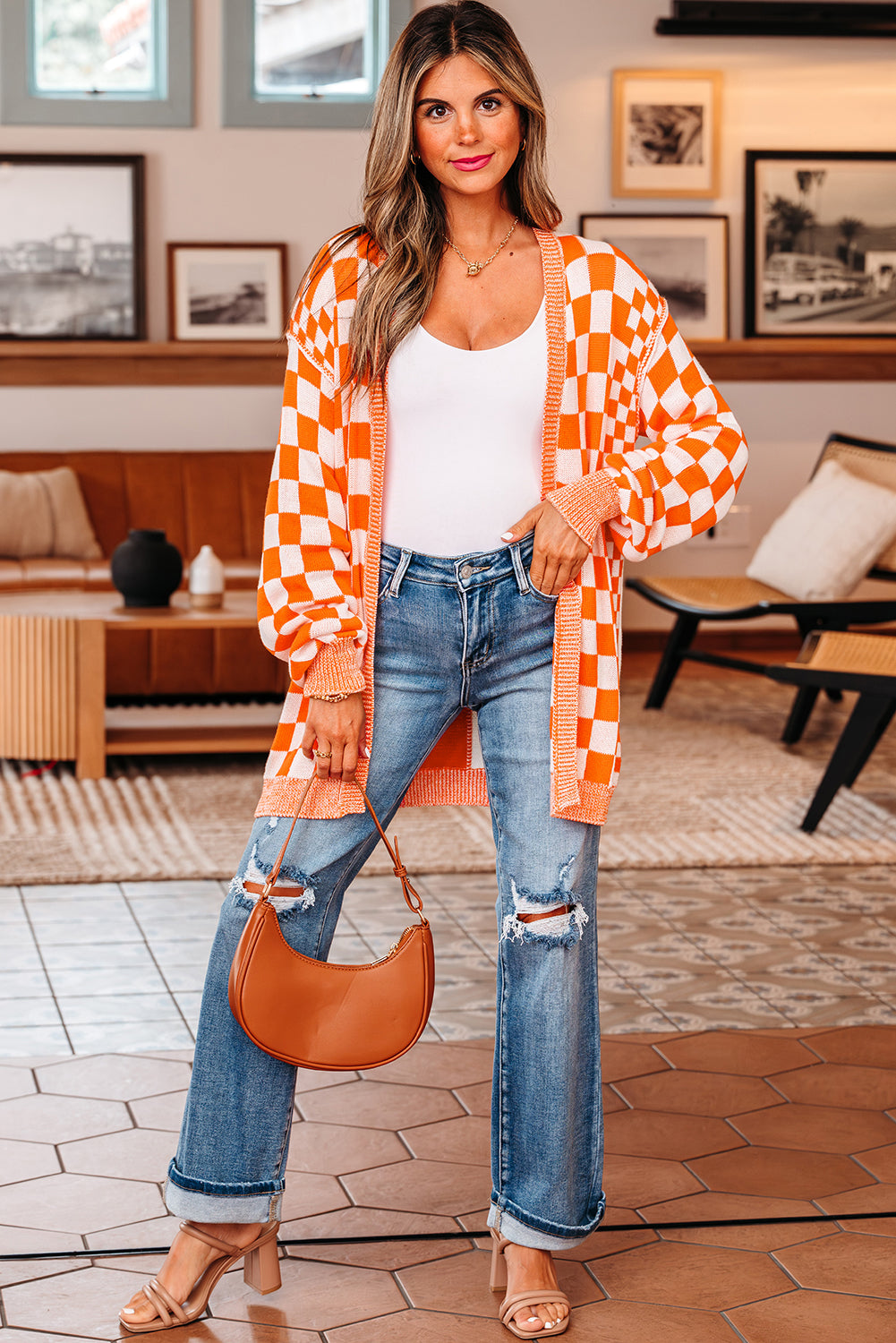 Checkered Open Front Drop Shoulder Cardigan