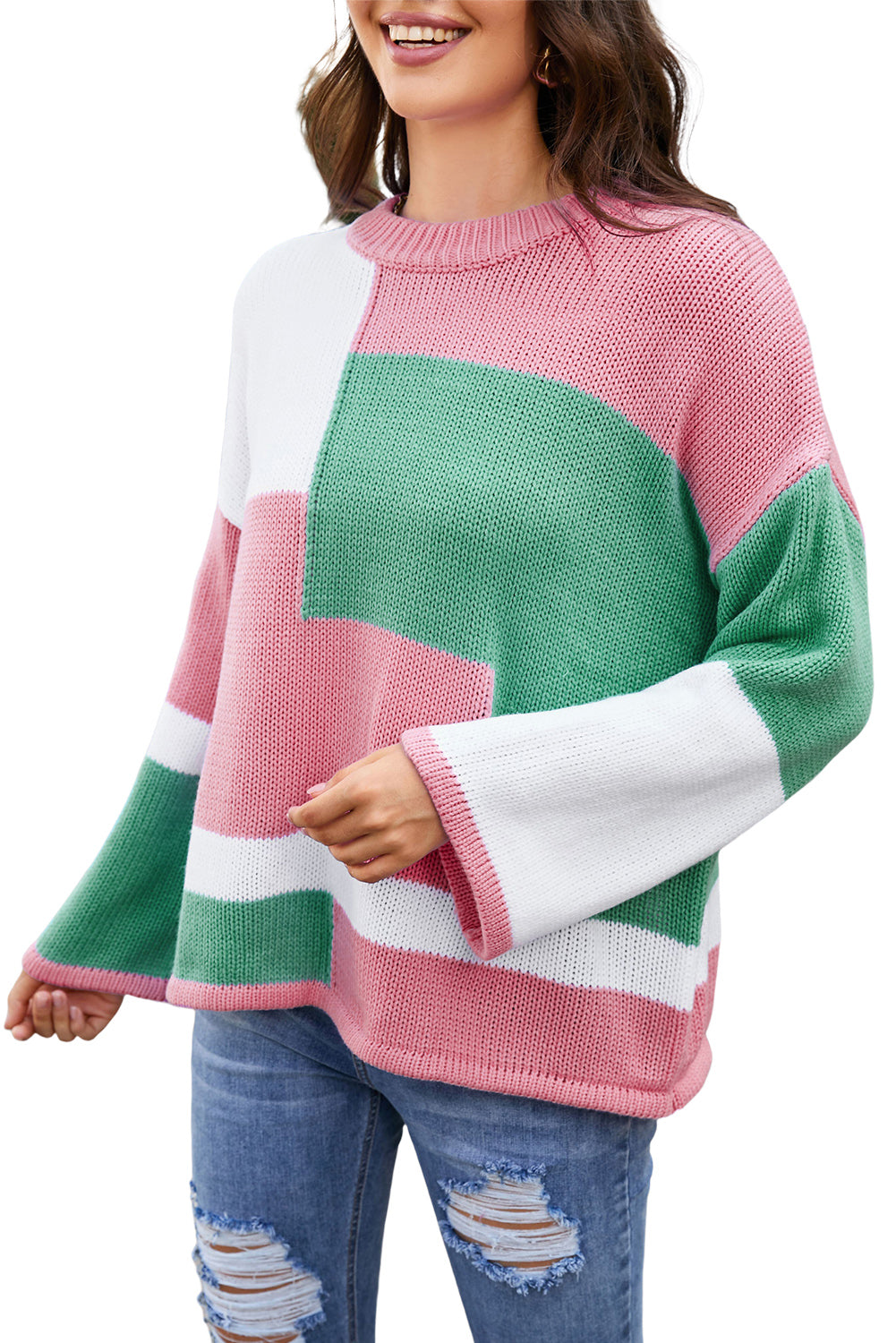 Pink Colorblock Drop Shoulder Bell Sleeve Sweater