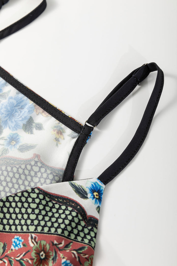 Mixed Floral Chevron Pattern Dip Hem Spaghetti Straps Tank