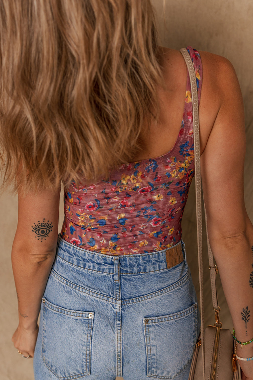 Floral Printed Mesh U Neck Sleeveless Bodysuit