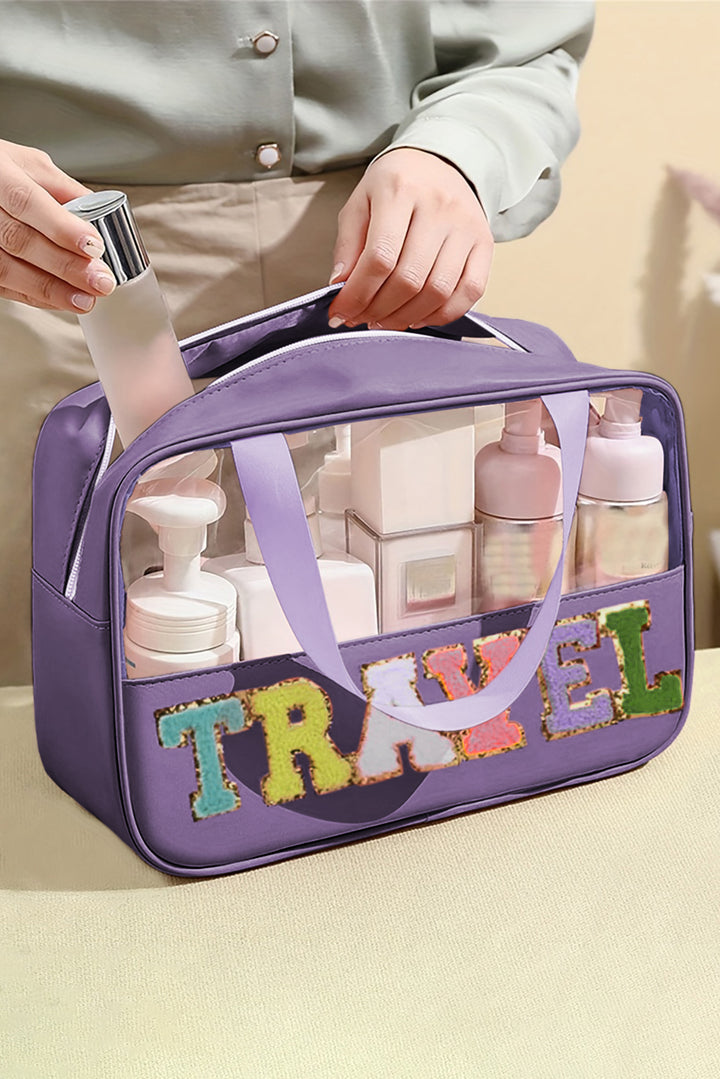 Trousse de maquillage en PVC transparent avec lettres en chenille violette