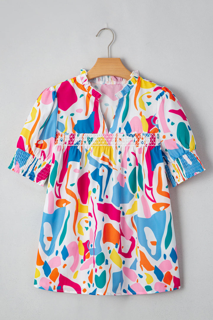 Abstract Print Lace Detail Shirred Short Sleeve Split Neck Blouse