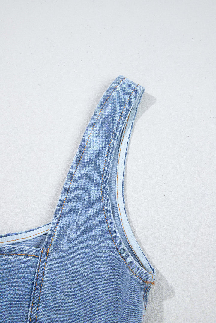 seamed zipper square neck sleeveless denim mini dress