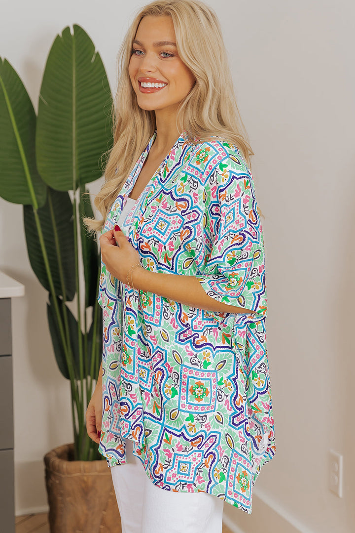 Boho Floral Printed Rhinestone 3/4 Sleeve Open Front Kimono
