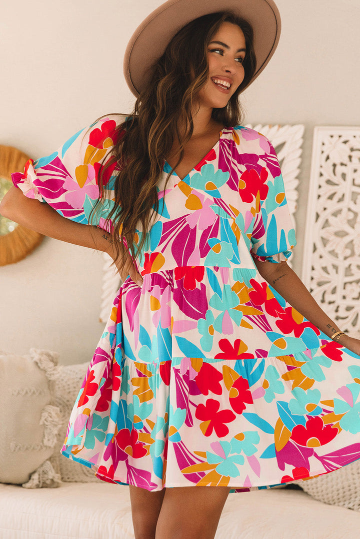 Floral Bubble Sleeve V Neck Tiered Ruffle Babydoll Dress