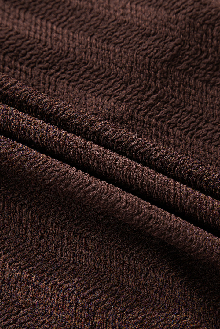 Kaffeebraunes, strukturiertes, gedrehtes Oberteil mit V-Ausschnitt und langen Ärmeln in Volltonfarbe