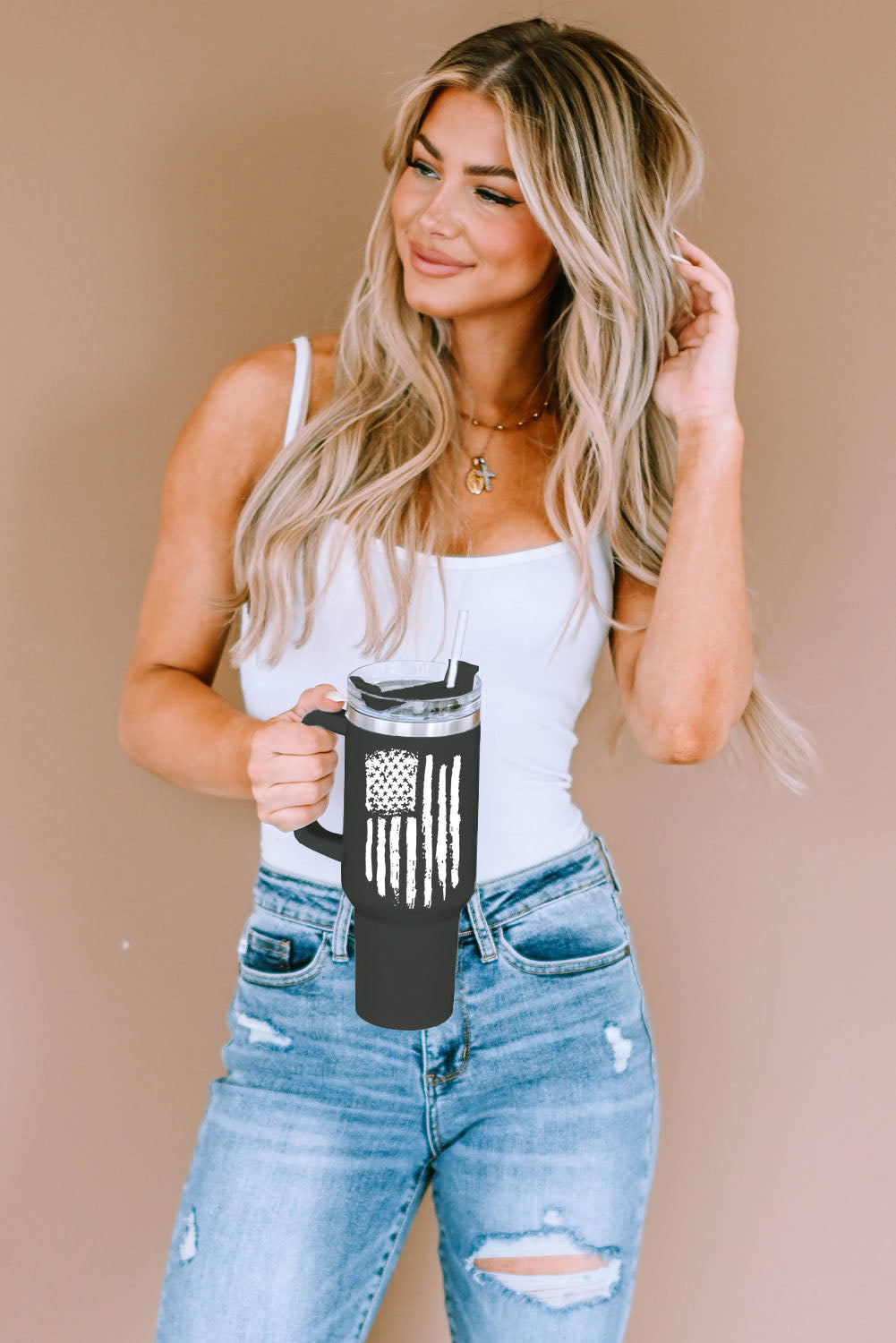 Tasse portable en acier inoxydable avec poignée et imprimé drapeau américain, 1 134 ml