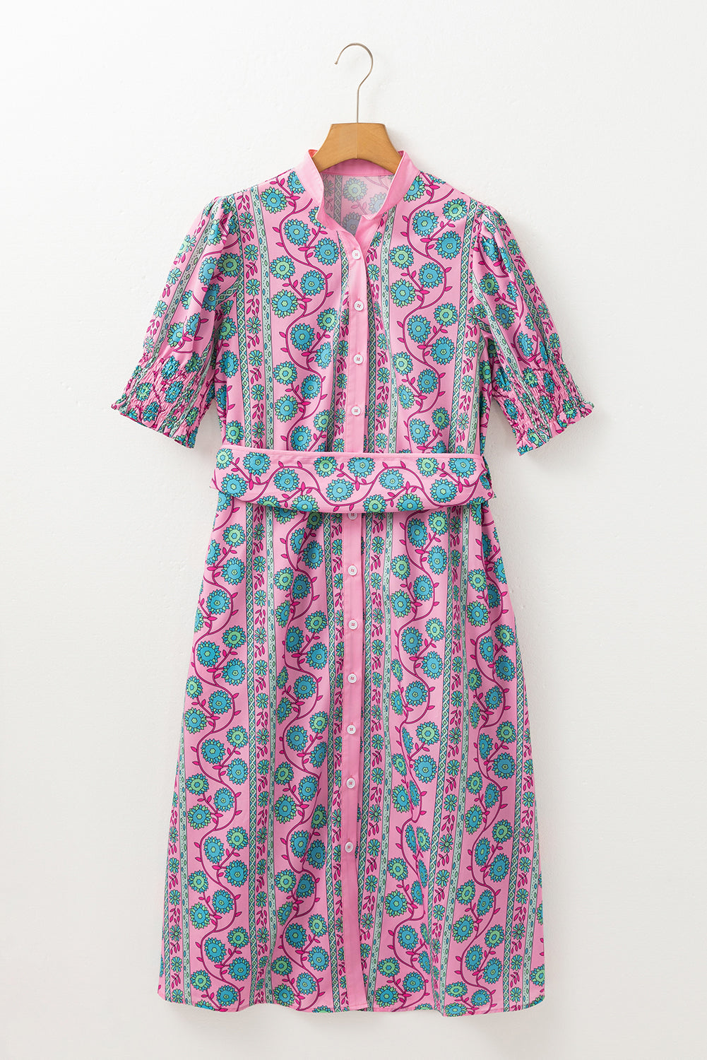 Floral Shirred Puff Sleeve Buttoned Front Midi Dress with Sash