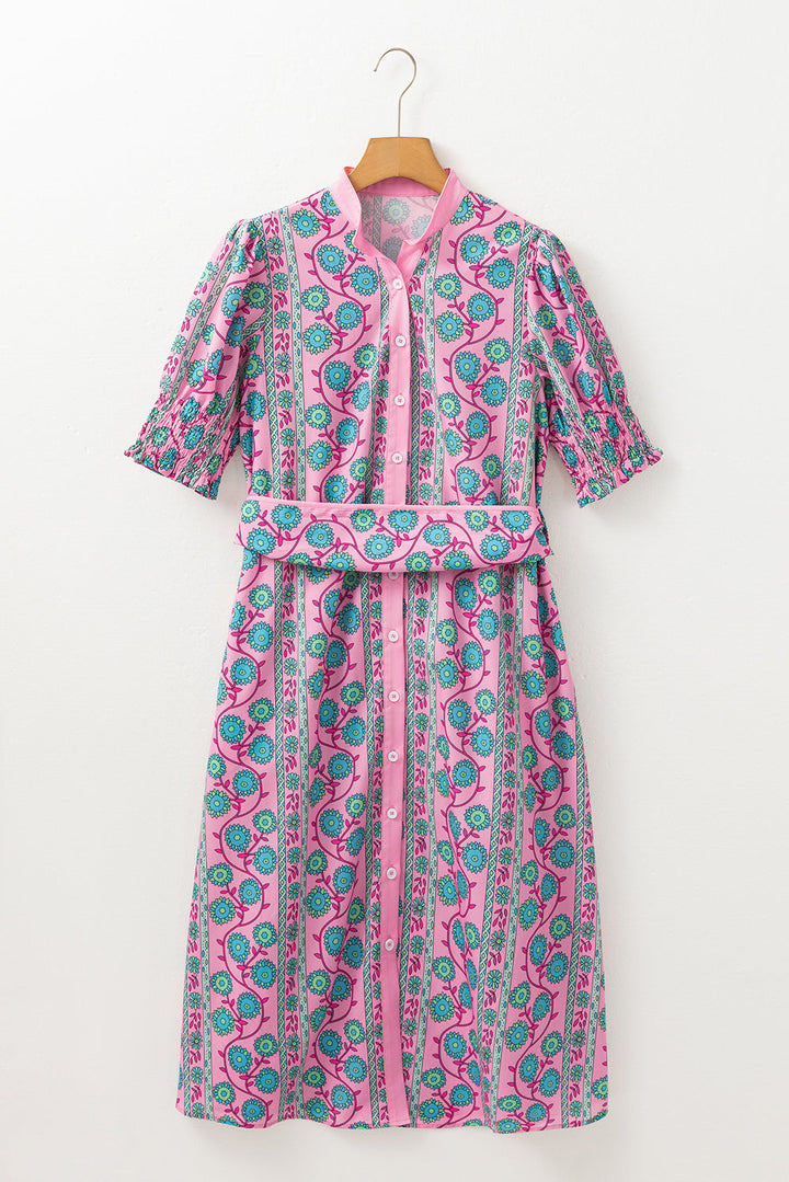 Floral Shirred Puff Sleeve Buttoned Front Midi Dress with Sash
