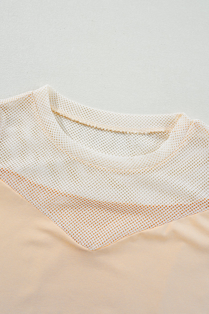 Solid Mesh Patchwork Crew Neck Tank Top