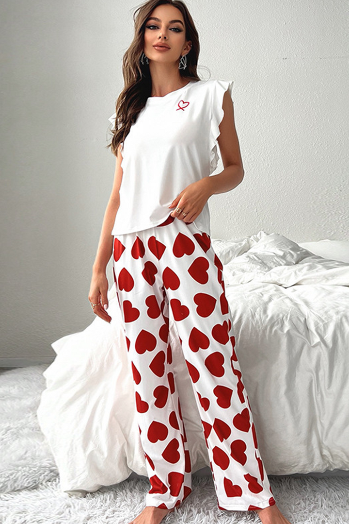 ruffled tank top and heart print pants lounge set 1