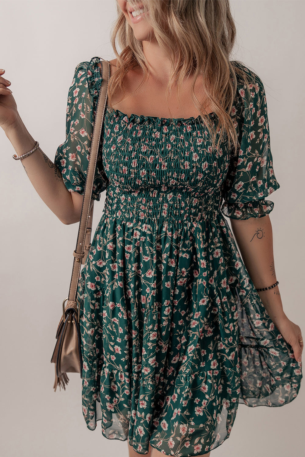 smocked square neck puff short sleeve floral dress