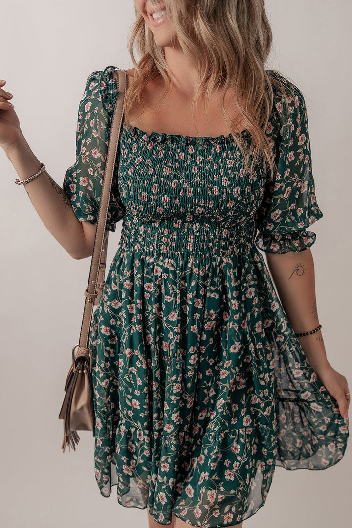 smocked square neck puff short sleeve floral dress