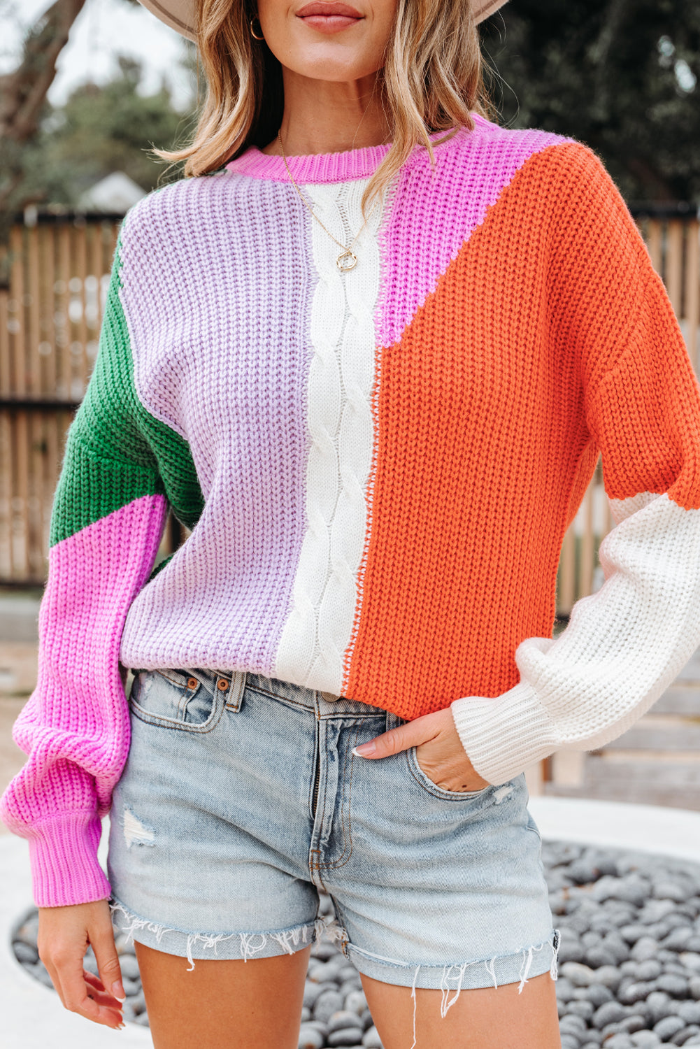 Color Block Textured Knit Drop Shoulder Loose Fit Sweater