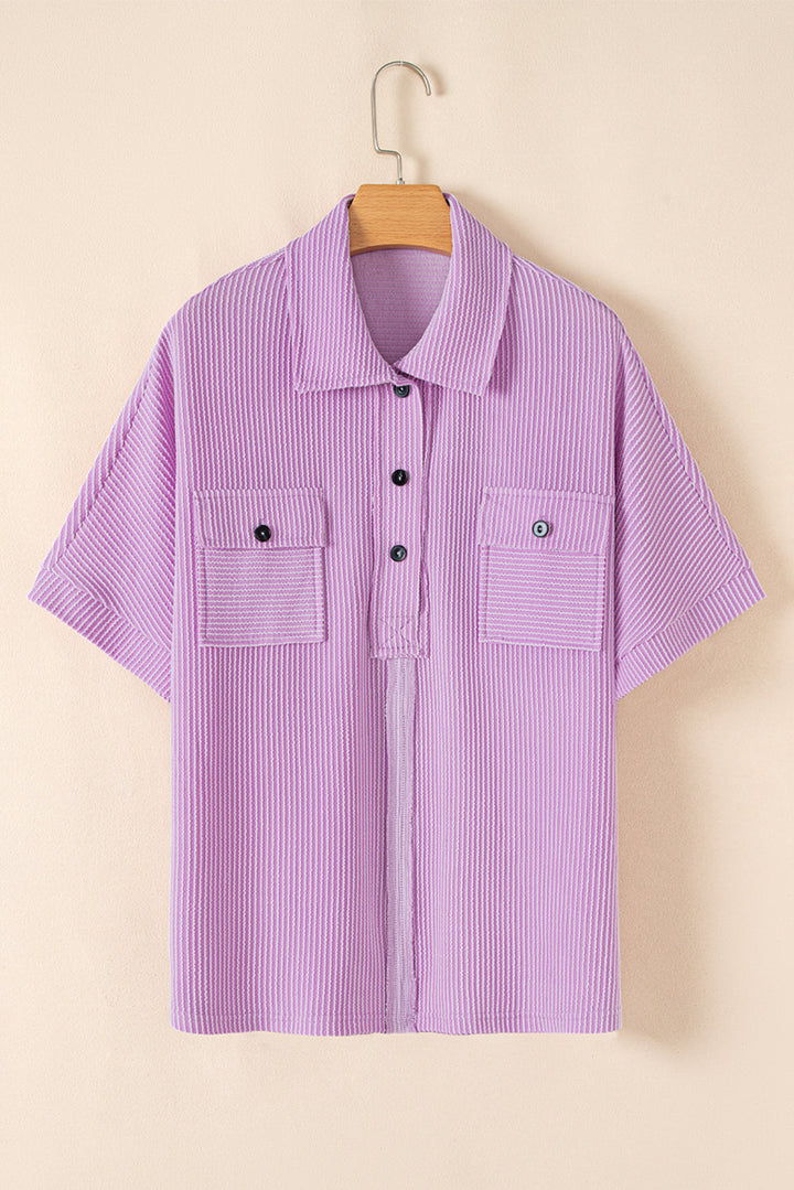 Corded Flap Pocket Collared Buttoned Short Sleeve Blouse