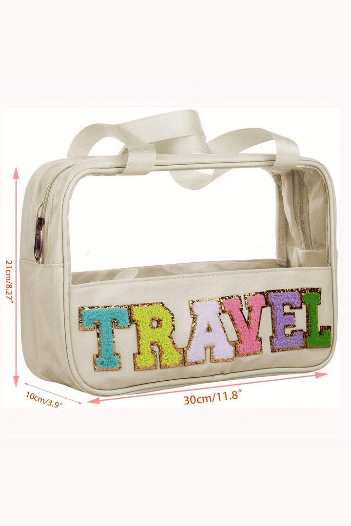 Trousse de maquillage TRAVEL en PVC transparent avec lettres en chenille