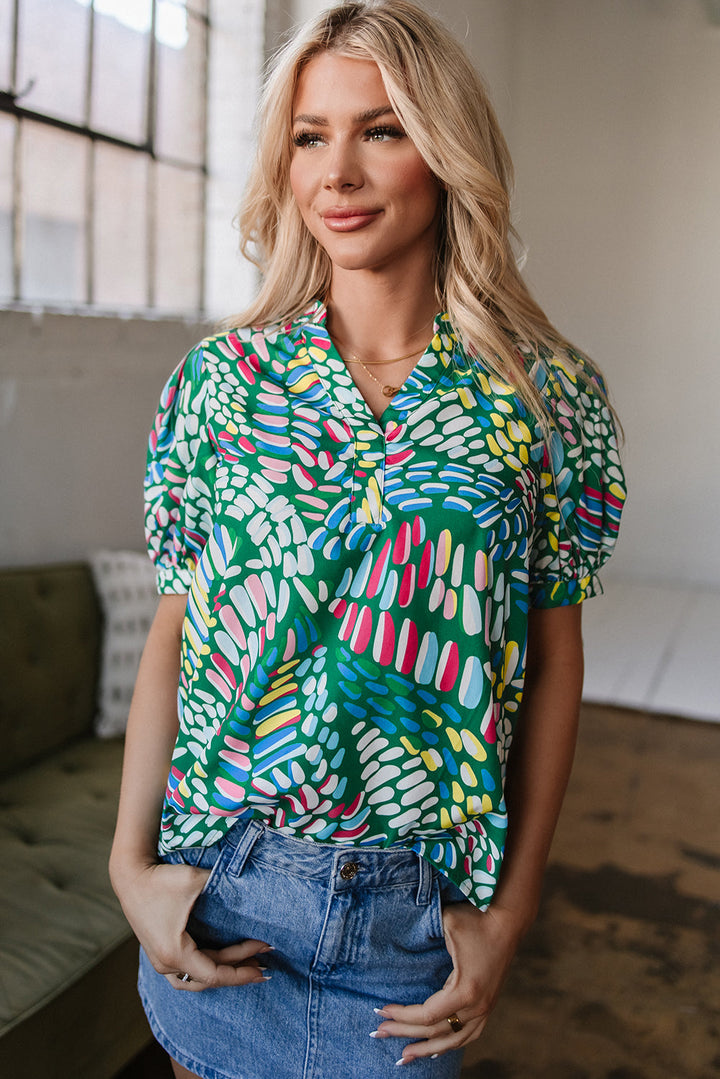 Brushwork Geometric Print Puff Sleeve Notched Neck Blouse
