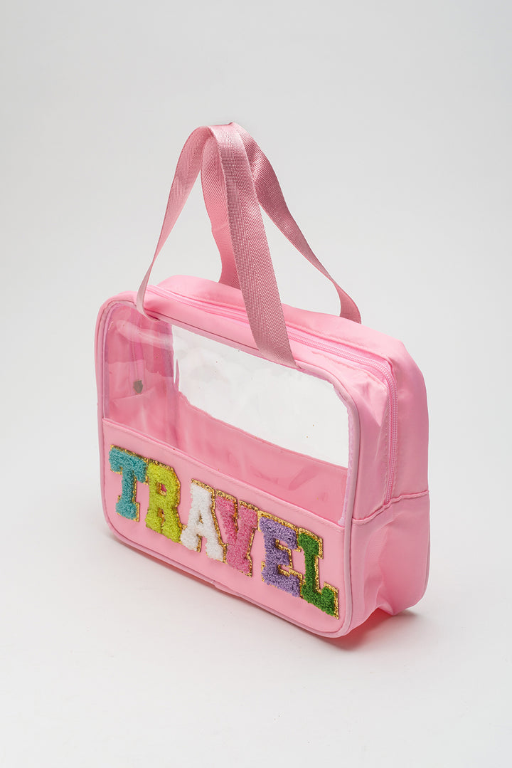 Trousse de maquillage TRAVEL en PVC transparent avec lettres en chenille
