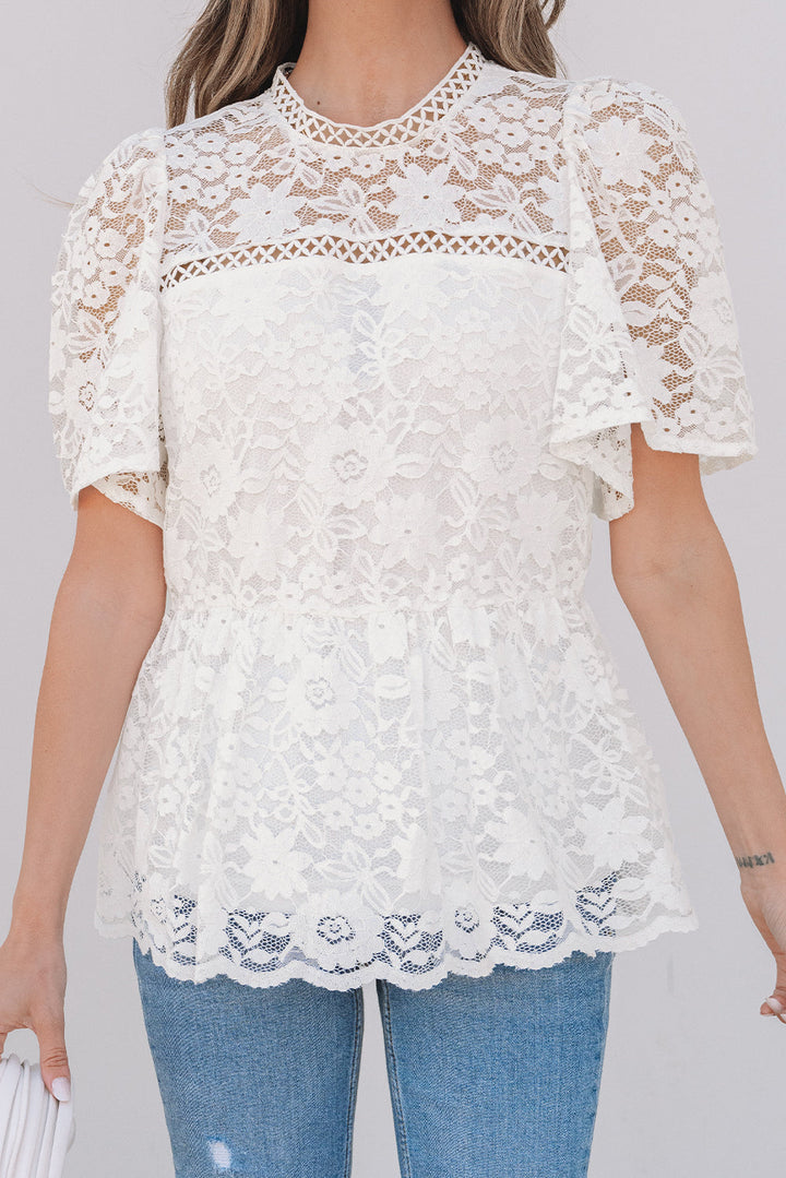Short Sleeve Scalloped Floral Lace Peplum Blouse